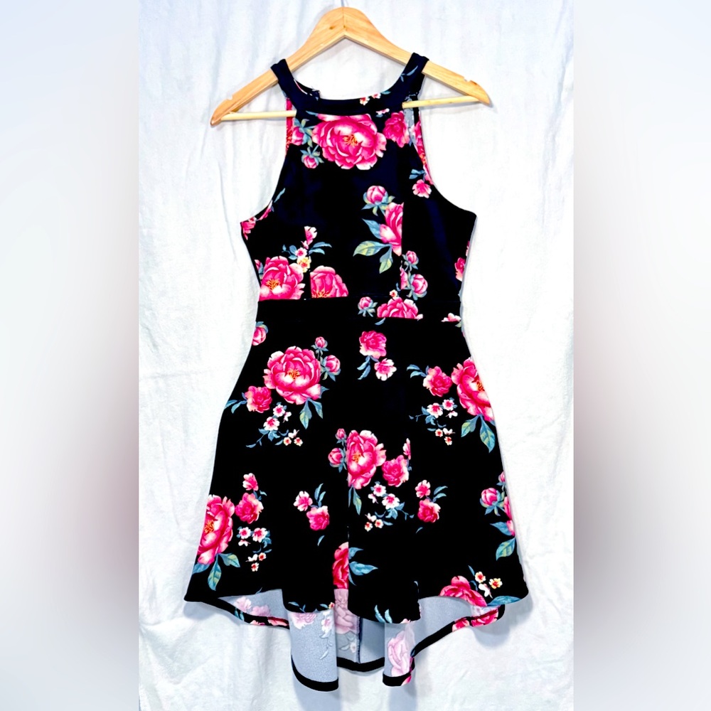 Crave Fame Black Dress with Roses and a Peek-a-Boo back